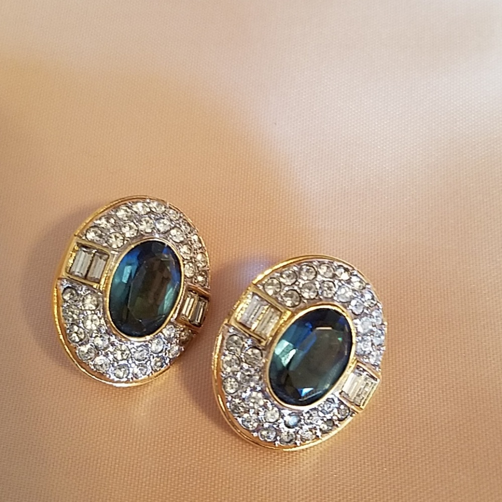 Blue/green stone clip earrings